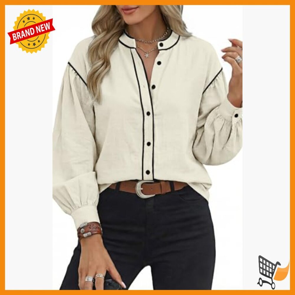 Cotton Blend Button Down Blouse Lantern Sleeves Regular Fit Office Casual - Picture 4 of 7